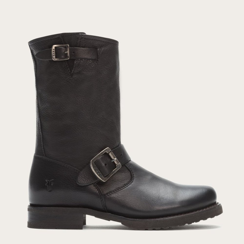 Frye Veronica Short Belted Black Leather Popular Moto Vintage Combat Ankle Boot - Picture 2 of 16